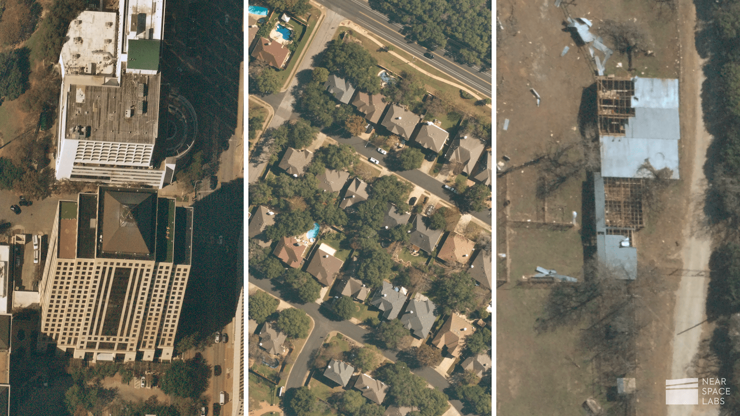 Three panels showcasing high-rise building, neighborhood, and damaged roof. 