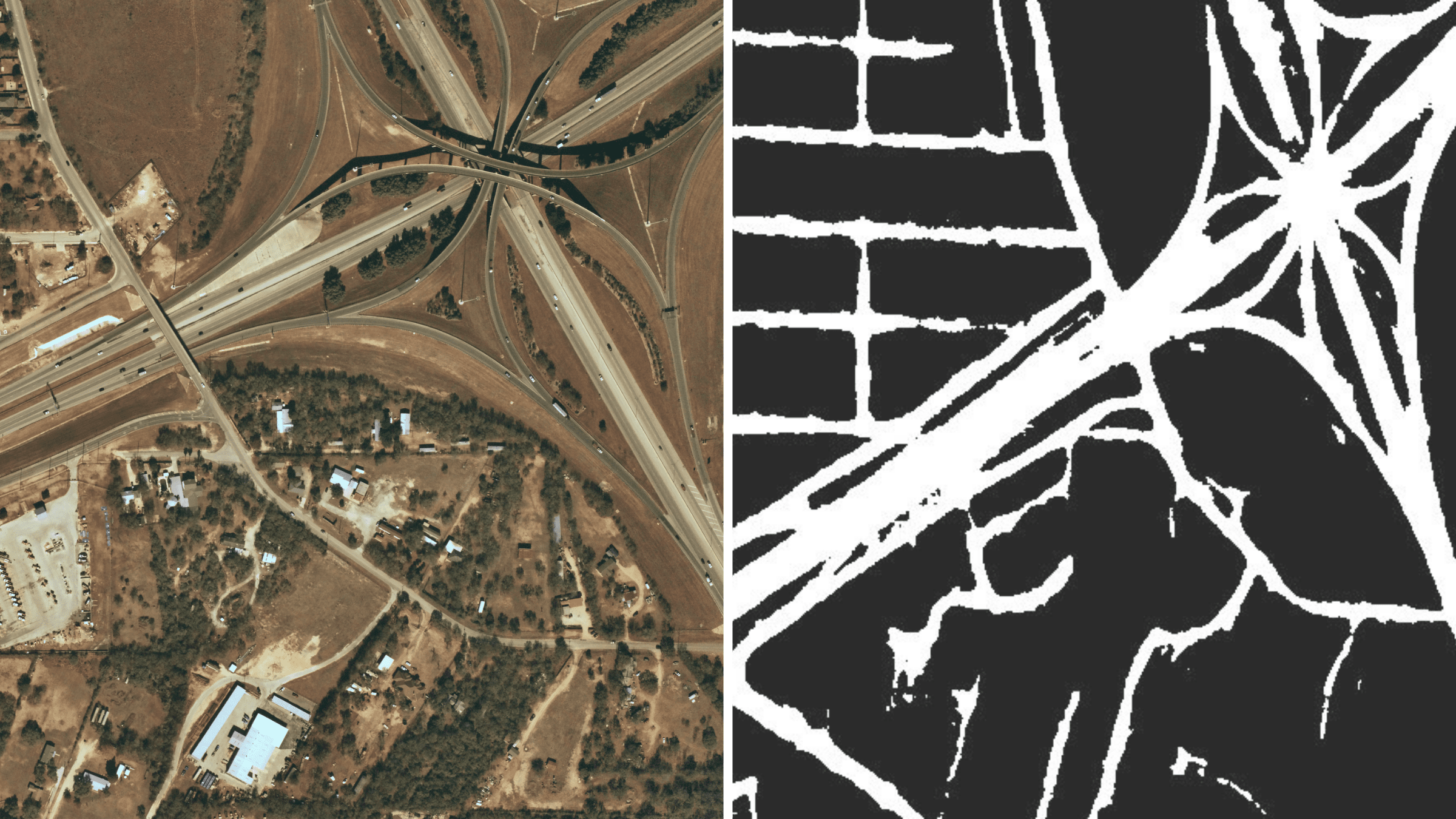 Near Space Labs image on left with respected binary road mask on right by Maria Alba from “A Novel Approach for Road Detection on Aerial Imagery.” 