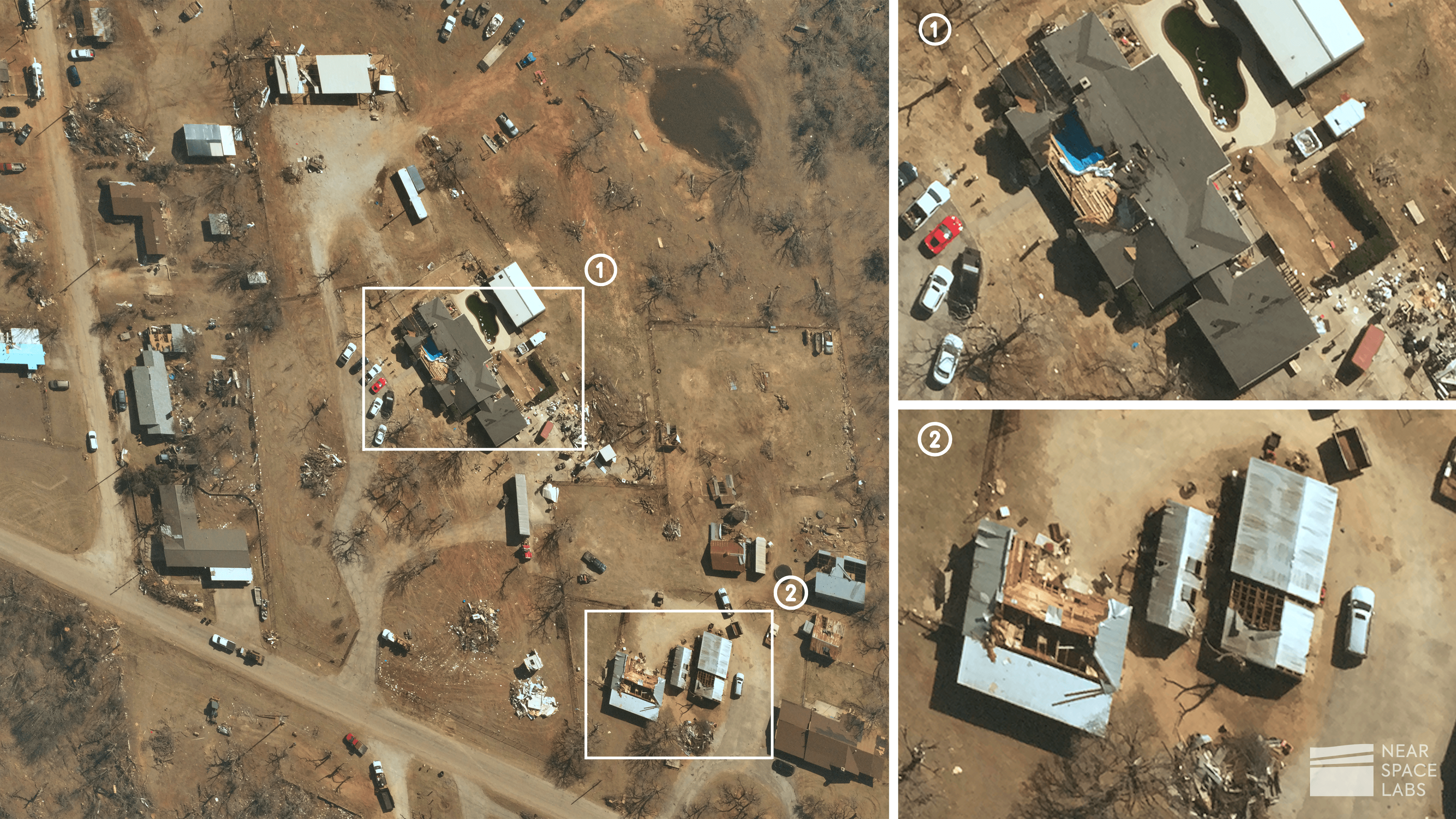 Near Space Labs 10 cm image of post-catastrophe capture. House and shed with roofing damage. 