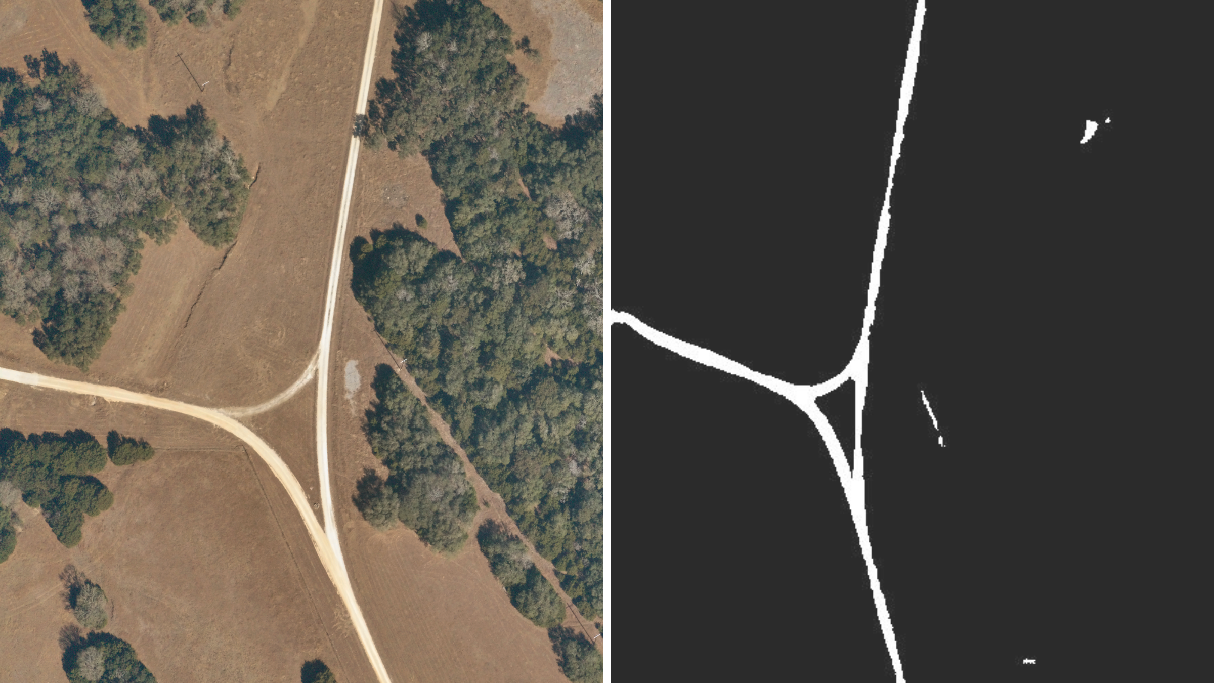 Near Space Labs 10 cm imagery on left next to respected binary road mask on left, created by Maria Alba from “A Novel Approach for Road Detection on Aerial Imagery.”