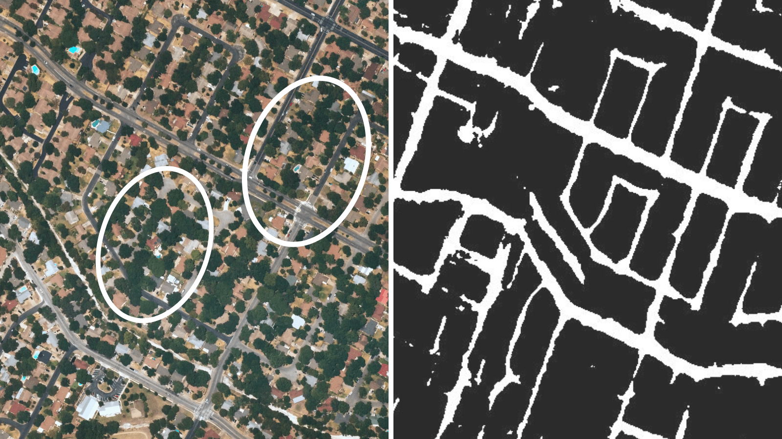 Near Space Labs image on left next to respected binary road mask on the right Maria Alba from “A Novel Approach for Road Detection on Aerial Imagery.”