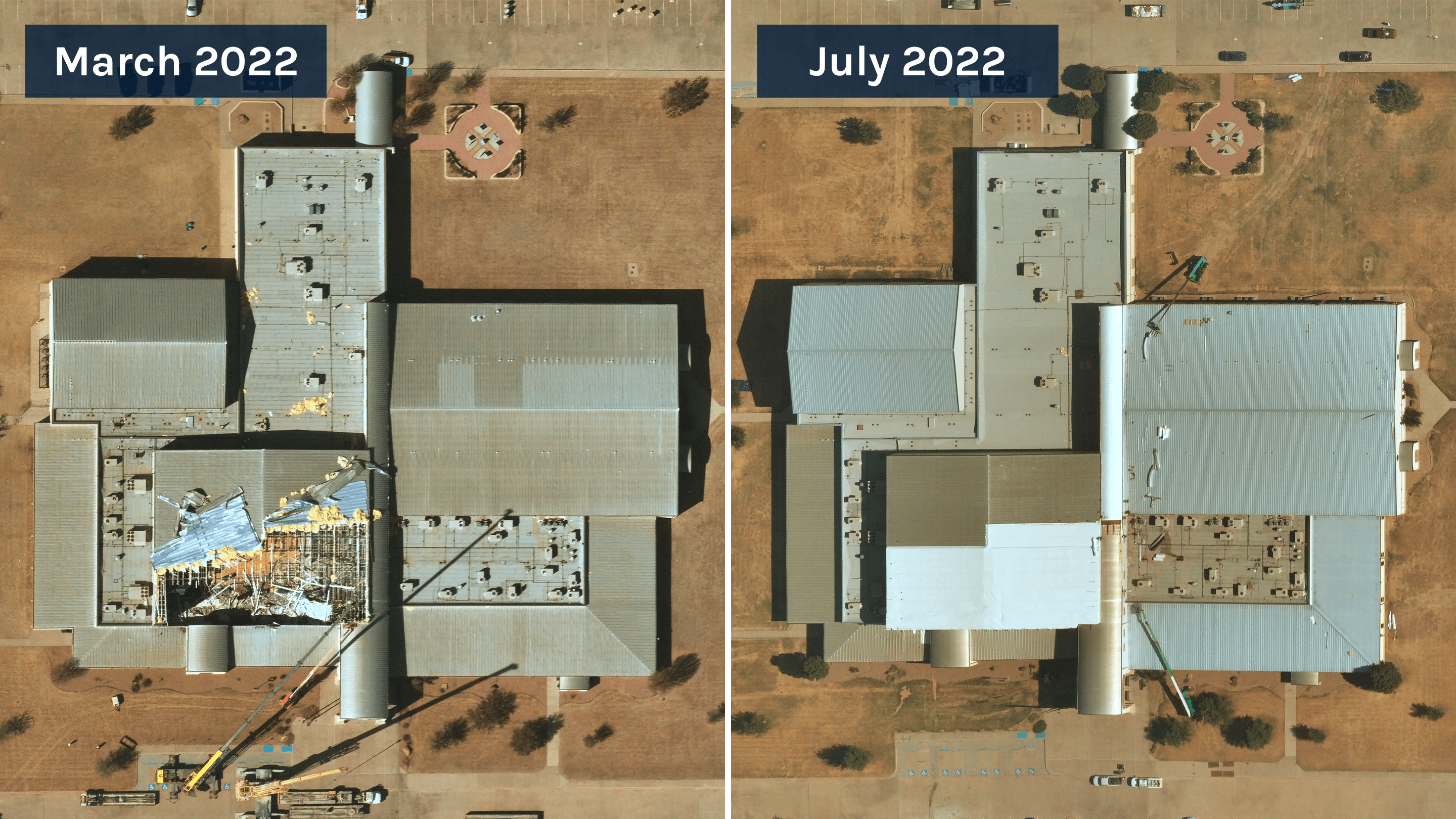 Near Space Labs' 10 cm capture of Jacksboro High School showing roofing damage directly after a tornado, next to the same building four months later showing a repaired roof. 
