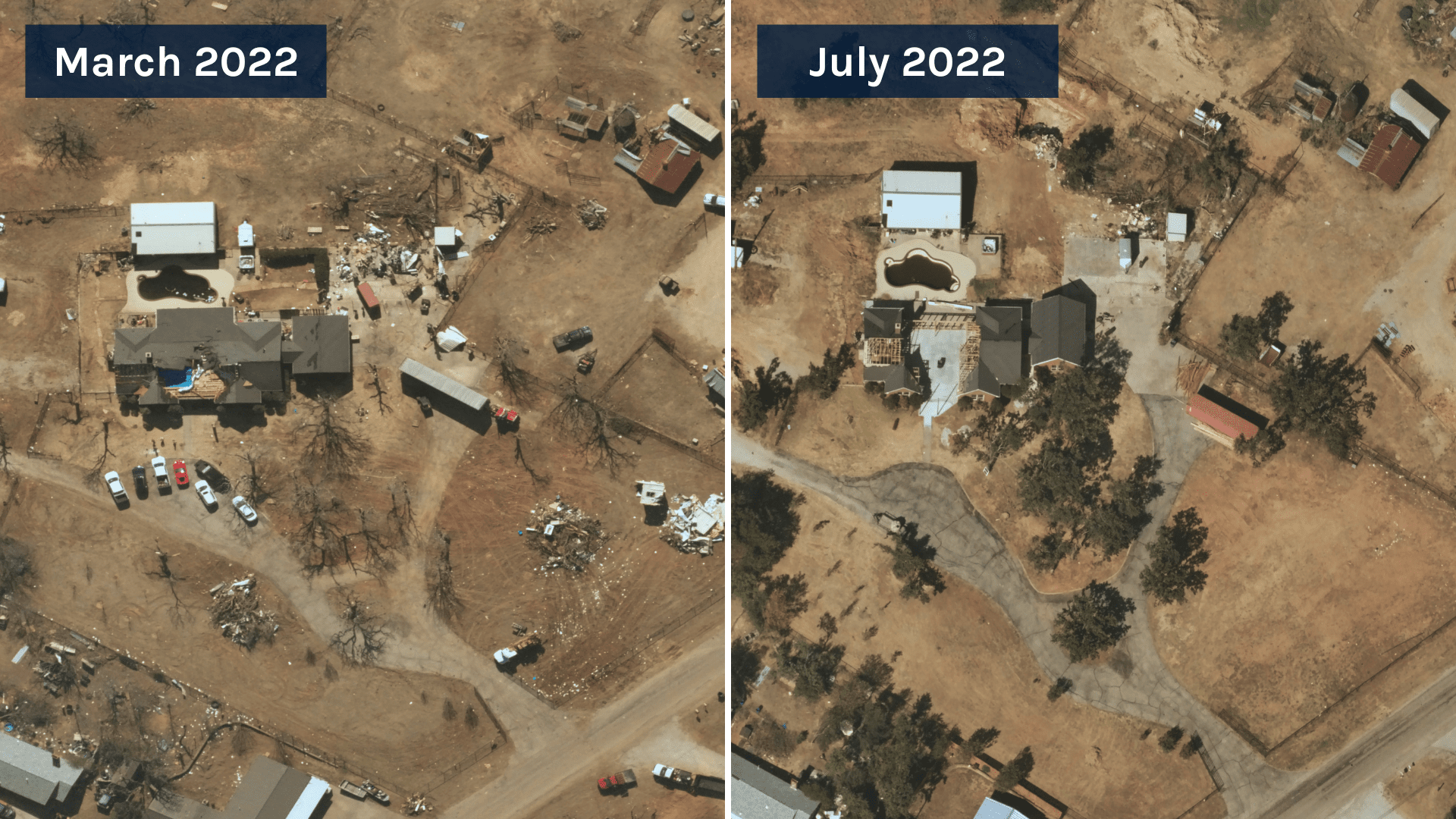 Near Space Labs' 10 cm captures of a damaged residential property following a tornado, and the same property four months later showing rebuilding and construction progress. 