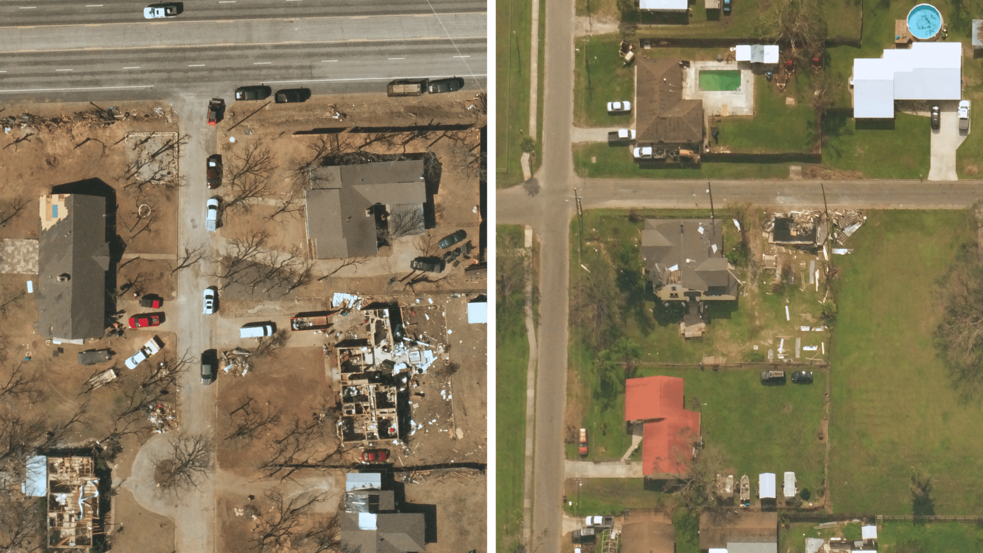 10 cm imagery captured by NSL of tornado damage in Jacksboro, Texas (L) and Hurricane Ian damage in Arcadia, Florida (R). 