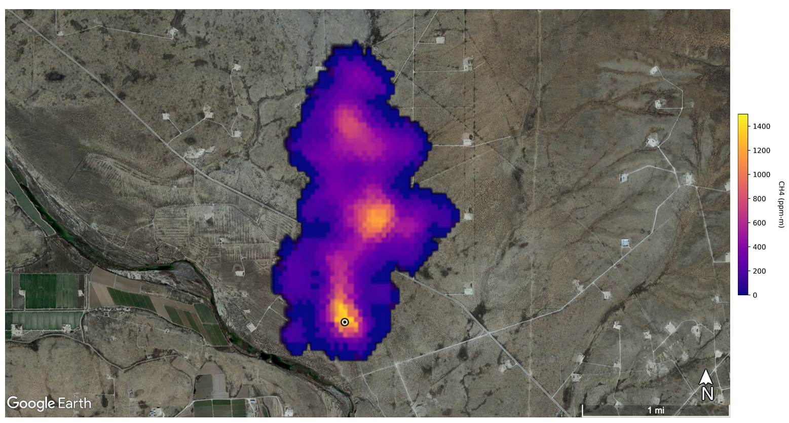 A 2-mile long methane plume in the Permian Basin detected by NASA’s Earth Surface Mineral Dust Source Investigation Mission. (Image Source:  NASA/JPL-Caltech).