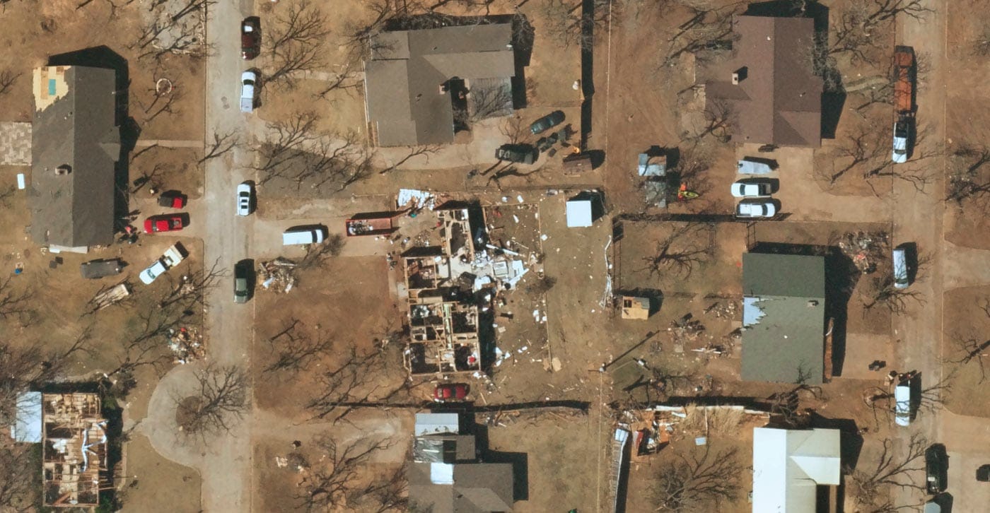 Near Space Labs' image of a damaged neighborhood in Jacksboro, Texas after a tornado.