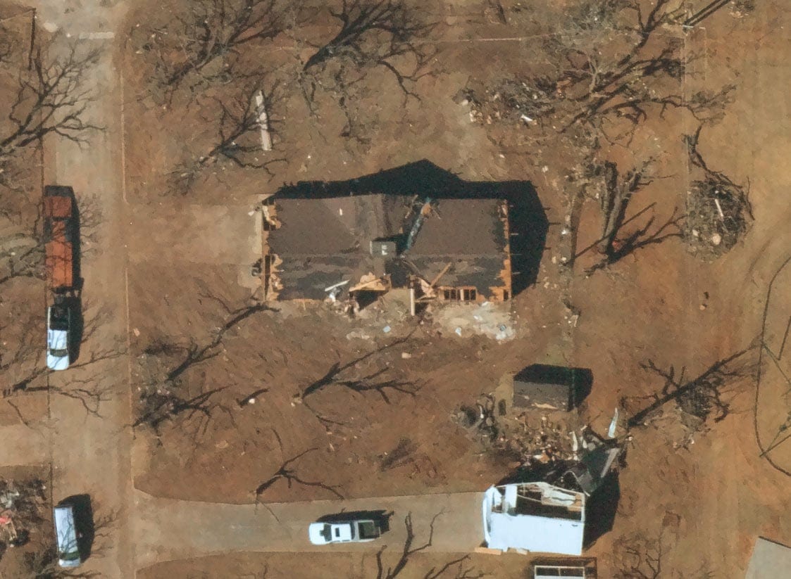 Near Space Labs' image of a damaged property in Jacksboro, Texas after a tornado.
