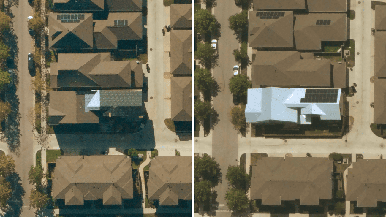 Near Space Labs' high-frequency captures of a neighborhood that shows a single property with a new updated metal roof. 