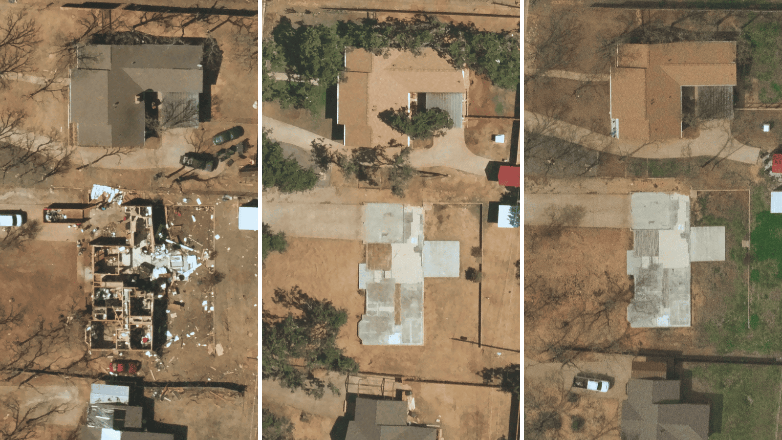 Near Space Labs high-frequency captures (3) that show a damaged property post-tornado and the development progress a year later. The final image shows the base foundation of the property with no construction started. 