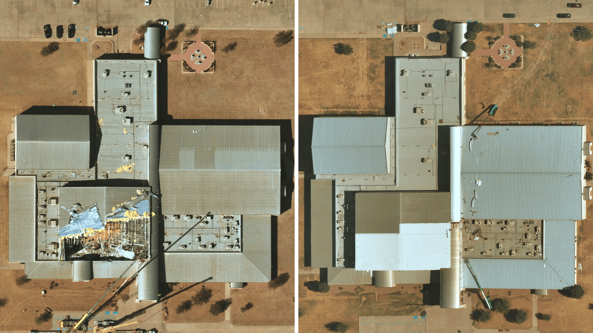 Near Space Labs' post-catastrophe imagery of a damaged commercial building (left) compared to 90 days later, confirming near-complete repairs (right).