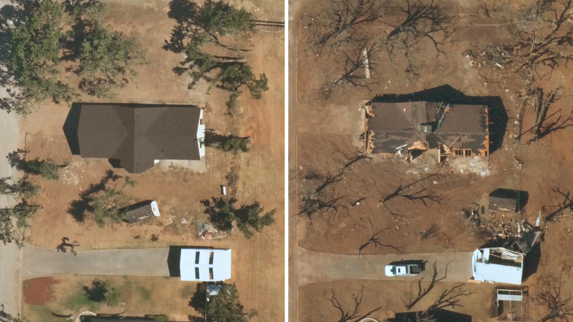 Near Space Labs' pre-catastrophe (left) and post-catastrophe (right) imagery, showing a residential property with no damage and then heavy damages, respectively. 